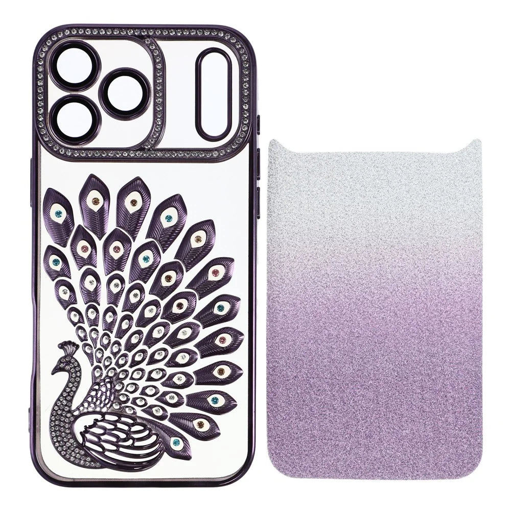 For iPhone 17 Pro Case 3D Peacock Electroplating Rhinestone TPU Phone Cover with Glitter Card - Purple - 1