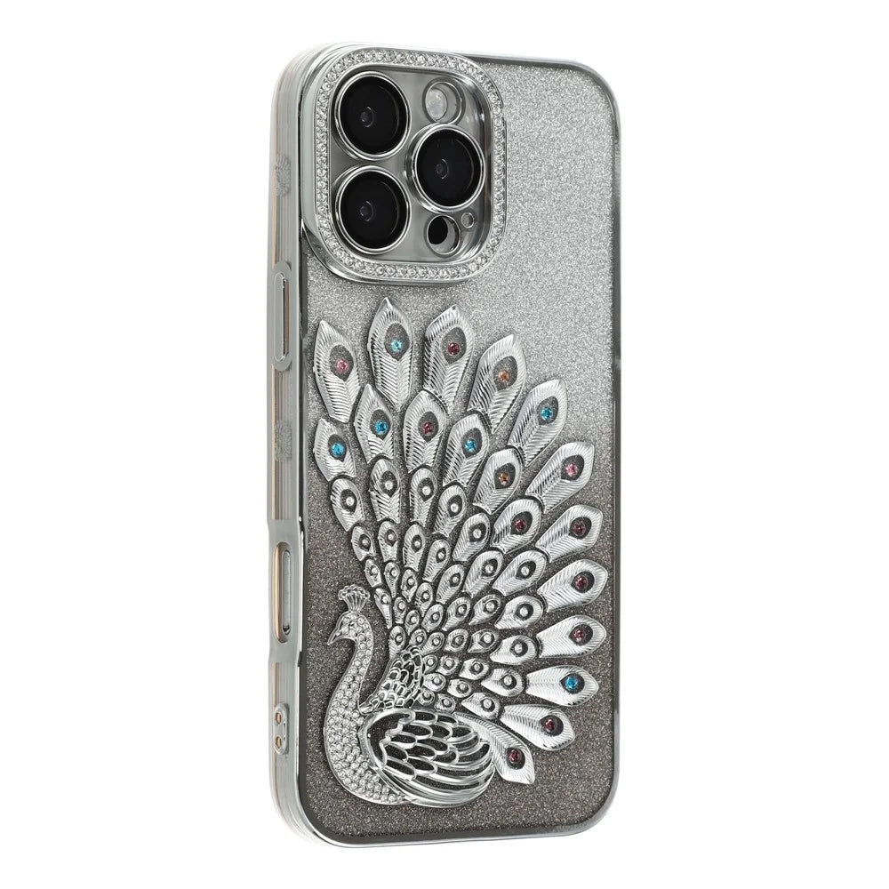 For iPhone 16 Pro Max Case 3D Peacock Electroplating Rhinestone TPU Phone Cover with Glitter Card - Silver - 3