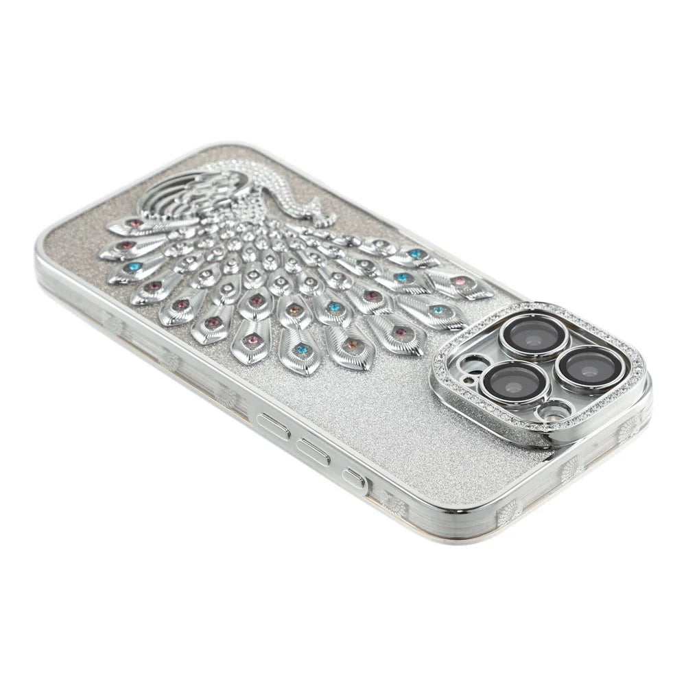 For iPhone 16 Pro Max Case 3D Peacock Electroplating Rhinestone TPU Phone Cover with Glitter Card - Silver - 5