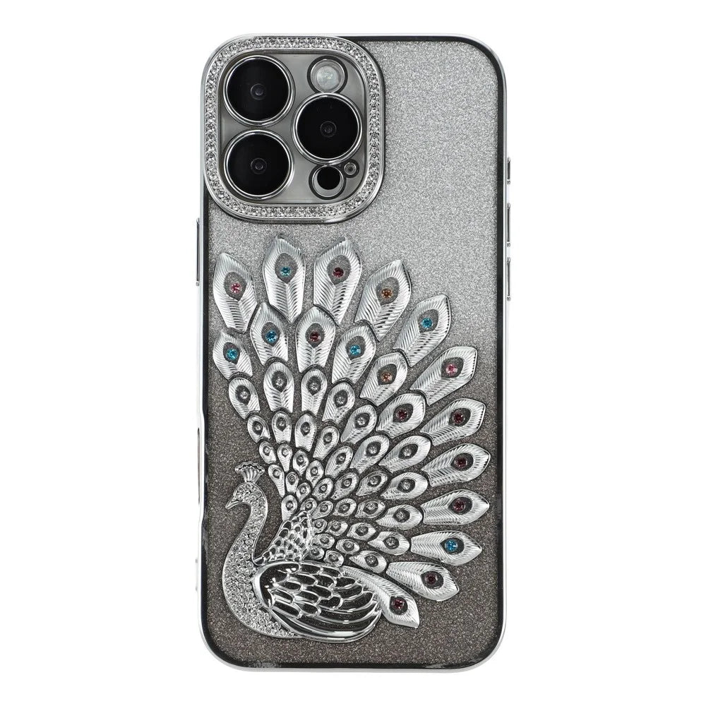 For iPhone 16 Pro Case 3D Peacock Electroplating Rhinestone TPU Phone Cover with Glitter Card - Silver - 2
