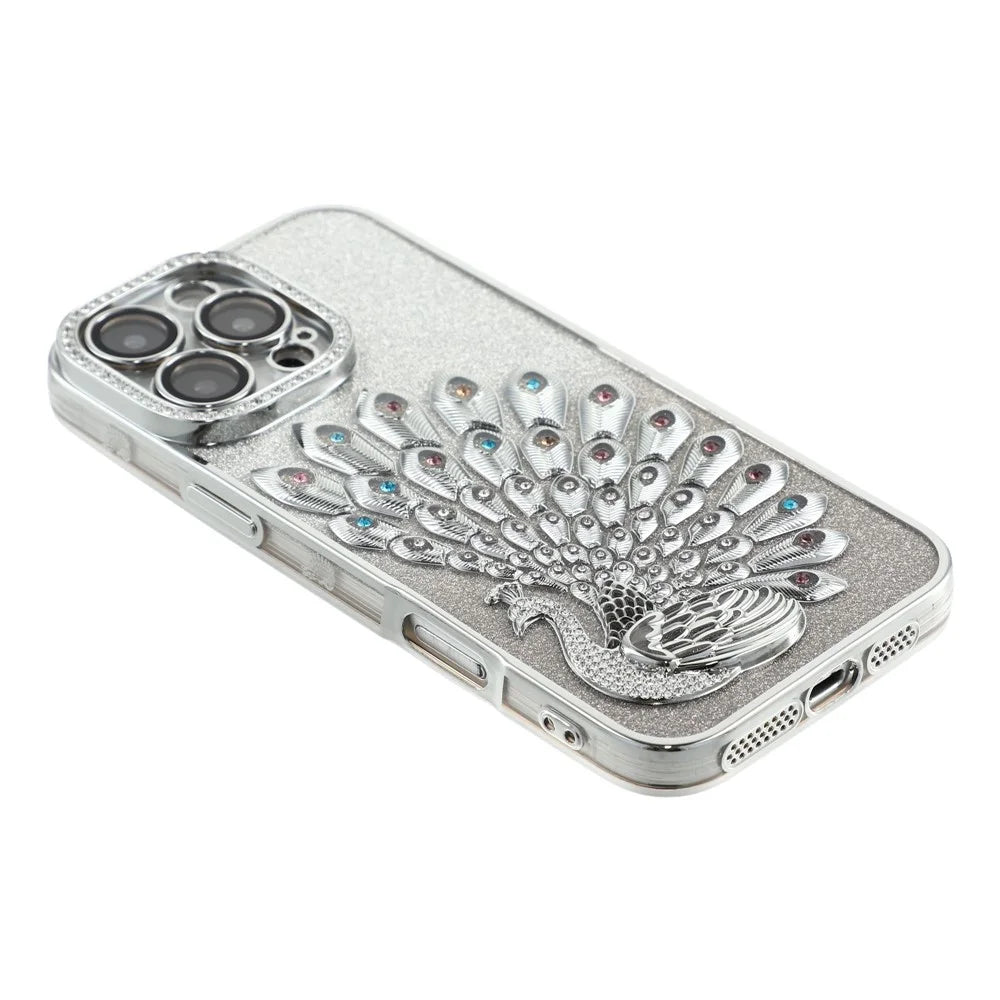 For iPhone 16 Pro Case 3D Peacock Electroplating Rhinestone TPU Phone Cover with Glitter Card - Silver - 4