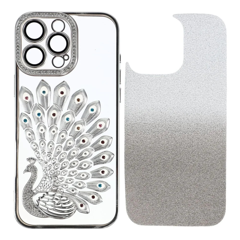 For iPhone 15 Pro Max Case 3D Peacock Electroplating Rhinestone TPU Phone Cover with Glitter Card - Silver - 1