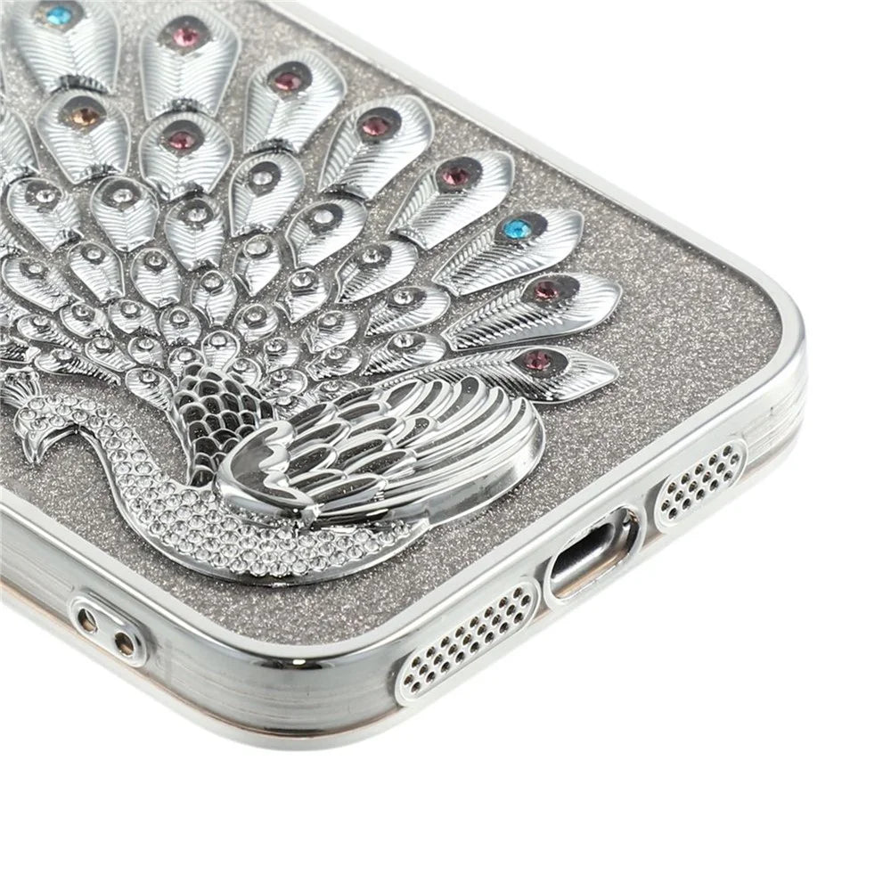 For iPhone 15 Pro Max Case 3D Peacock Electroplating Rhinestone TPU Phone Cover with Glitter Card - Silver - 5