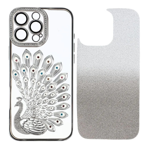 For iPhone 15 Pro Case 3D Peacock Electroplating Rhinestone TPU Phone Cover with Glitter Card - Silver - 1