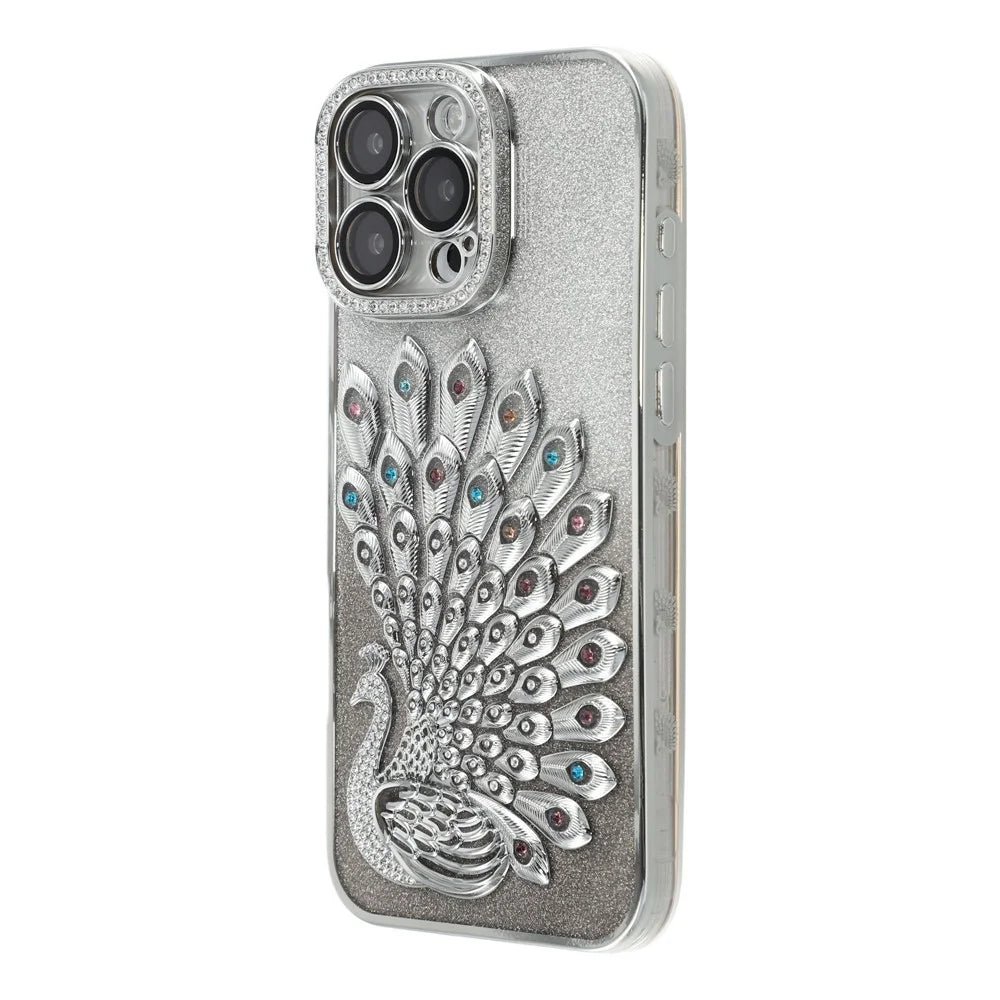 For iPhone 15 Pro Case 3D Peacock Electroplating Rhinestone TPU Phone Cover with Glitter Card - Silver - 3