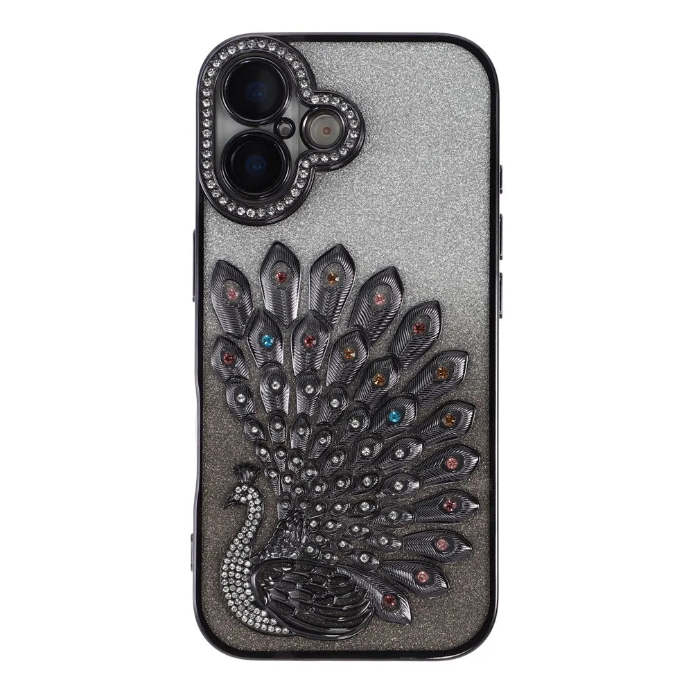 For iPhone 17 Case 3D Peacock Electroplating Rhinestone TPU Phone Cover with Glitter Card - Black - 2