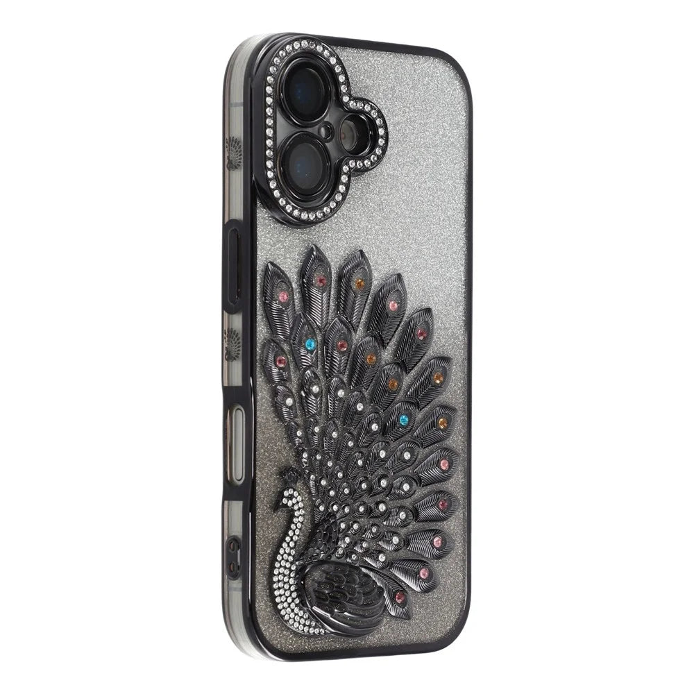 For iPhone 17 Case 3D Peacock Electroplating Rhinestone TPU Phone Cover with Glitter Card - Black - 3