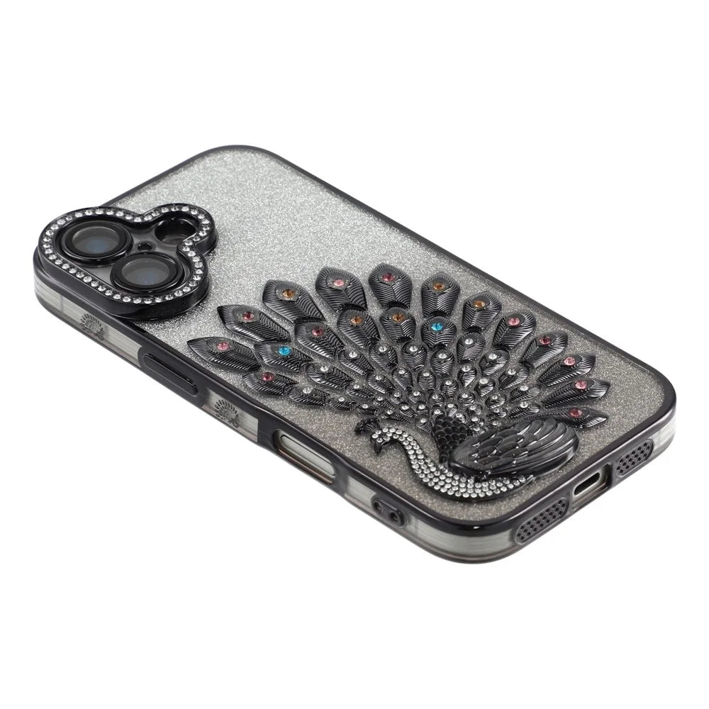 For iPhone 17 Case 3D Peacock Electroplating Rhinestone TPU Phone Cover with Glitter Card - Black - 4