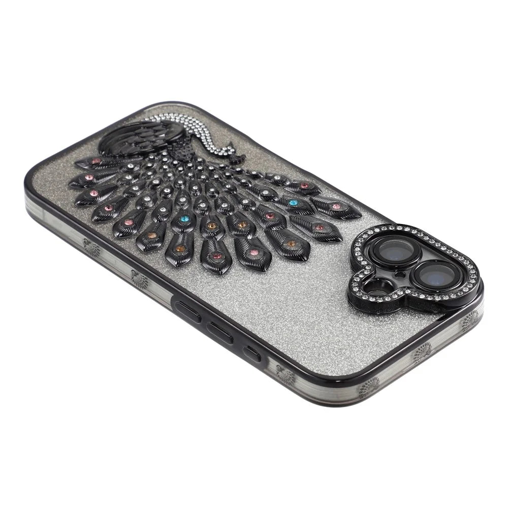 For iPhone 17 Case 3D Peacock Electroplating Rhinestone TPU Phone Cover with Glitter Card - Black - 5