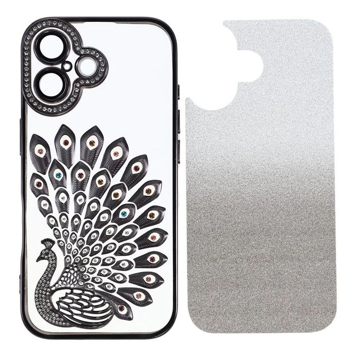 For iPhone 16 Case 3D Peacock Electroplating Rhinestone TPU Phone Cover with Glitter Card - Black - 1