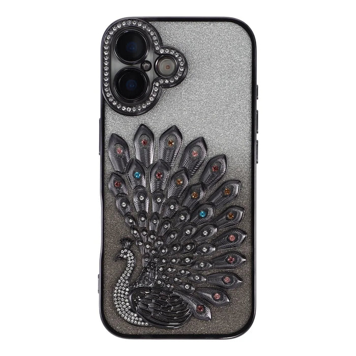 For iPhone 16 Case 3D Peacock Electroplating Rhinestone TPU Phone Cover with Glitter Card - Black - 2