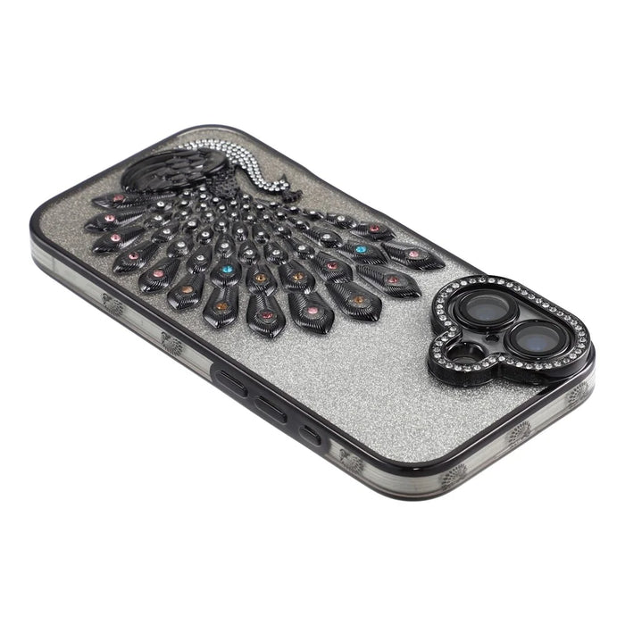 For iPhone 16 Case 3D Peacock Electroplating Rhinestone TPU Phone Cover with Glitter Card - Black - 5