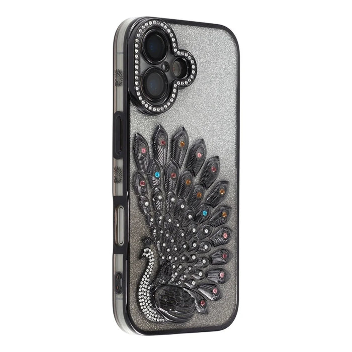 For iPhone 16 Plus Case 3D Peacock Electroplating Rhinestone TPU Phone Cover with Glitter Card - Black - 3
