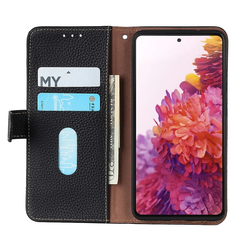 KHAZNEH For Samsung Galaxy S26 FE Wallet Case Litchi Texture Genuine Cow Leather Flip Phone Cover - Black - 2