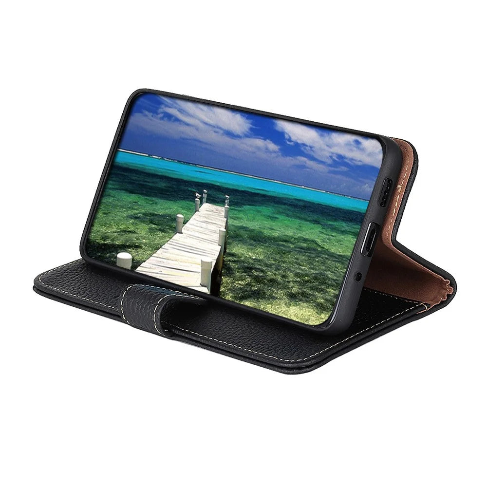 KHAZNEH For Samsung Galaxy S26 FE Wallet Case Litchi Texture Genuine Cow Leather Flip Phone Cover - Black - 3