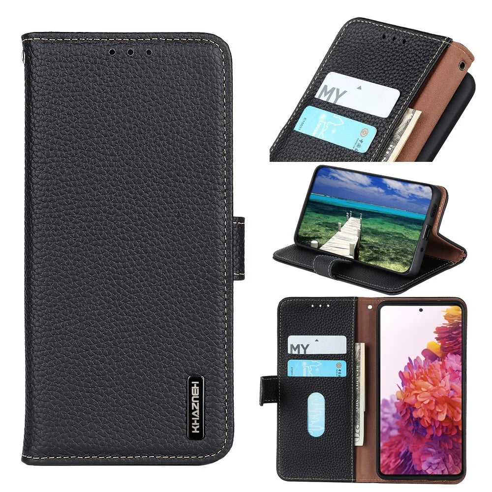 KHAZNEH For Samsung Galaxy S26 FE Wallet Case Litchi Texture Genuine Cow Leather Flip Phone Cover - Black - 6