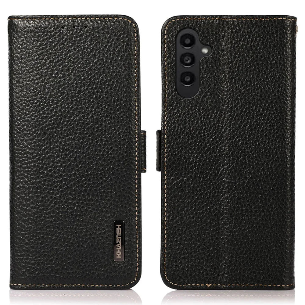 KHAZNEH for Samsung Galaxy S26 FE Phone Case Litchi Texture Genuine Cow Leather Cover RFID Blocking - Black - 1
