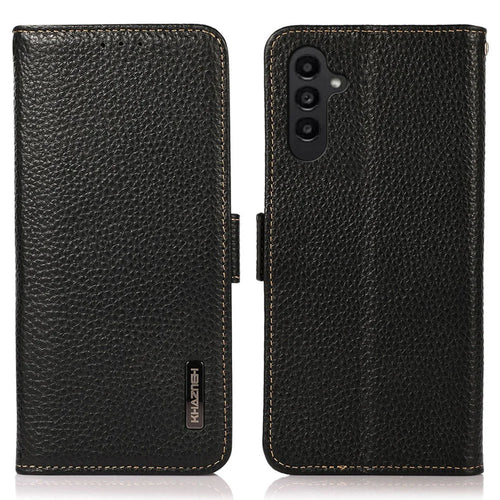 KHAZNEH for Samsung Galaxy S26 FE Phone Case Litchi Texture Genuine Cow Leather Cover RFID Blocking - Black - 1