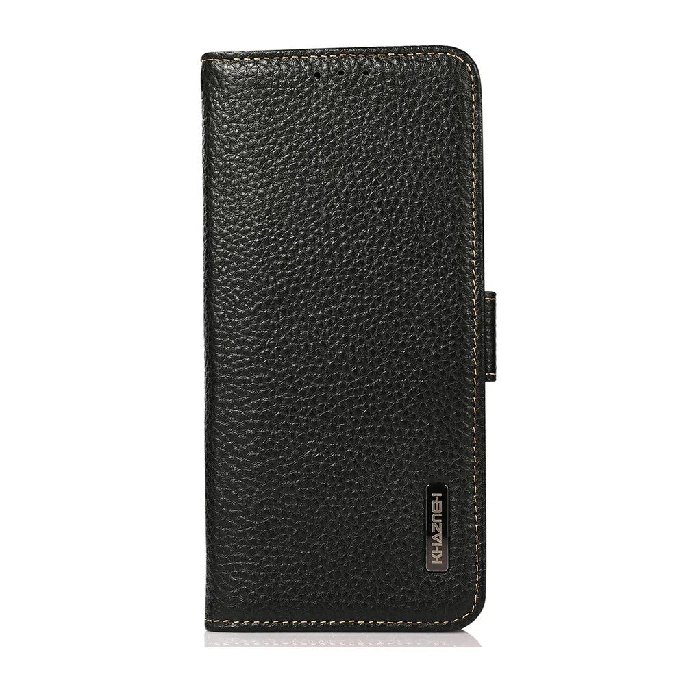 KHAZNEH for Samsung Galaxy S26 FE Phone Case Litchi Texture Genuine Cow Leather Cover RFID Blocking - Black - 6