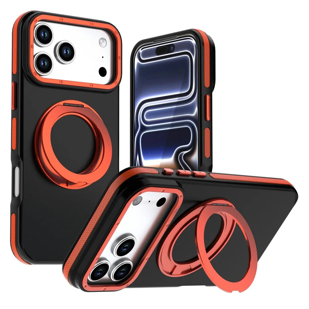 For iPhone 18 Pro / 17 Pro Magnetic Case Double Color Rotating Ring Kickstand PC + TPU Phone Cover - Orange - 1