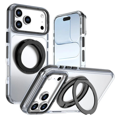For iPhone 18 Pro Max / 17 Pro Max Magnetic Case Rotating Ring Kickstand Dual Color Acrylic + TPU Clear Phone Cover - Black - 1