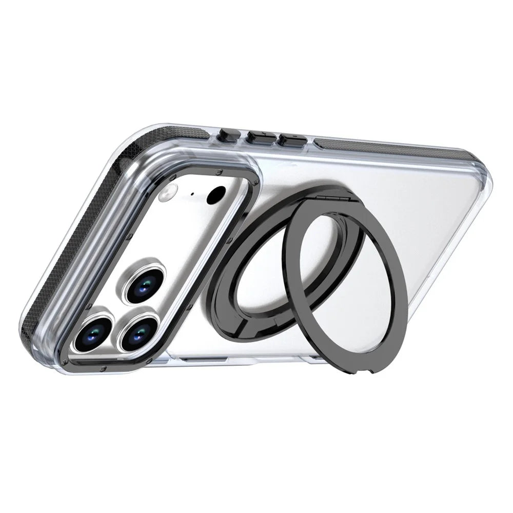 For iPhone 18 Pro Max / 17 Pro Max Magnetic Case Rotating Ring Kickstand Dual Color Acrylic + TPU Clear Phone Cover - Black - 3
