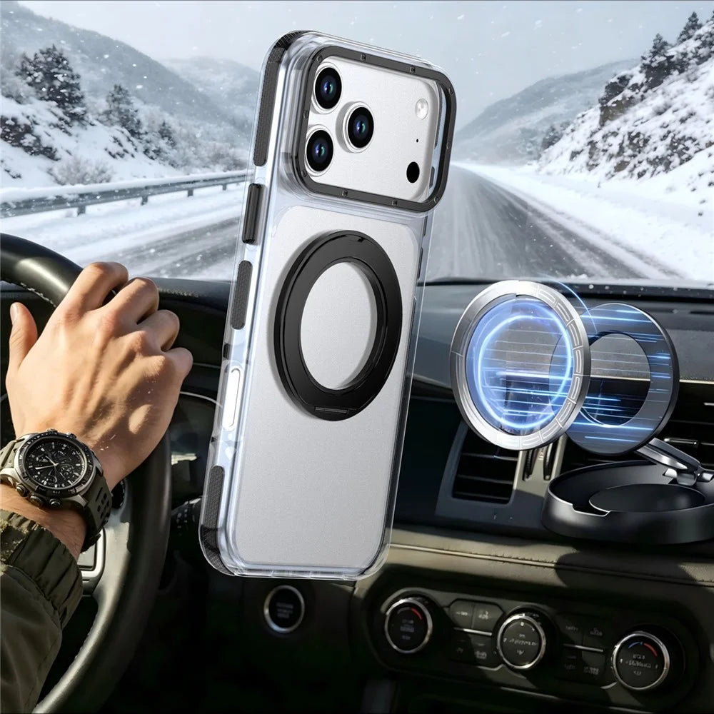 For iPhone 18 Pro Max / 17 Pro Max Magnetic Case Rotating Ring Kickstand Dual Color Acrylic + TPU Clear Phone Cover - Black - 4