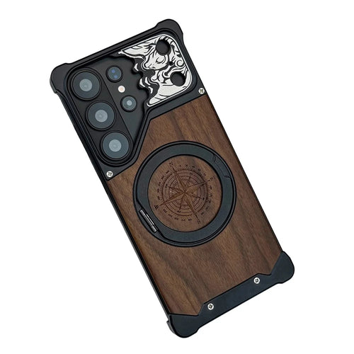 For Samsung Galaxy S25 Ultra Frameless Case Magnetic Kickstand Horse Pattern Walnut Wood Shockproof Phone Cover - Black - 1