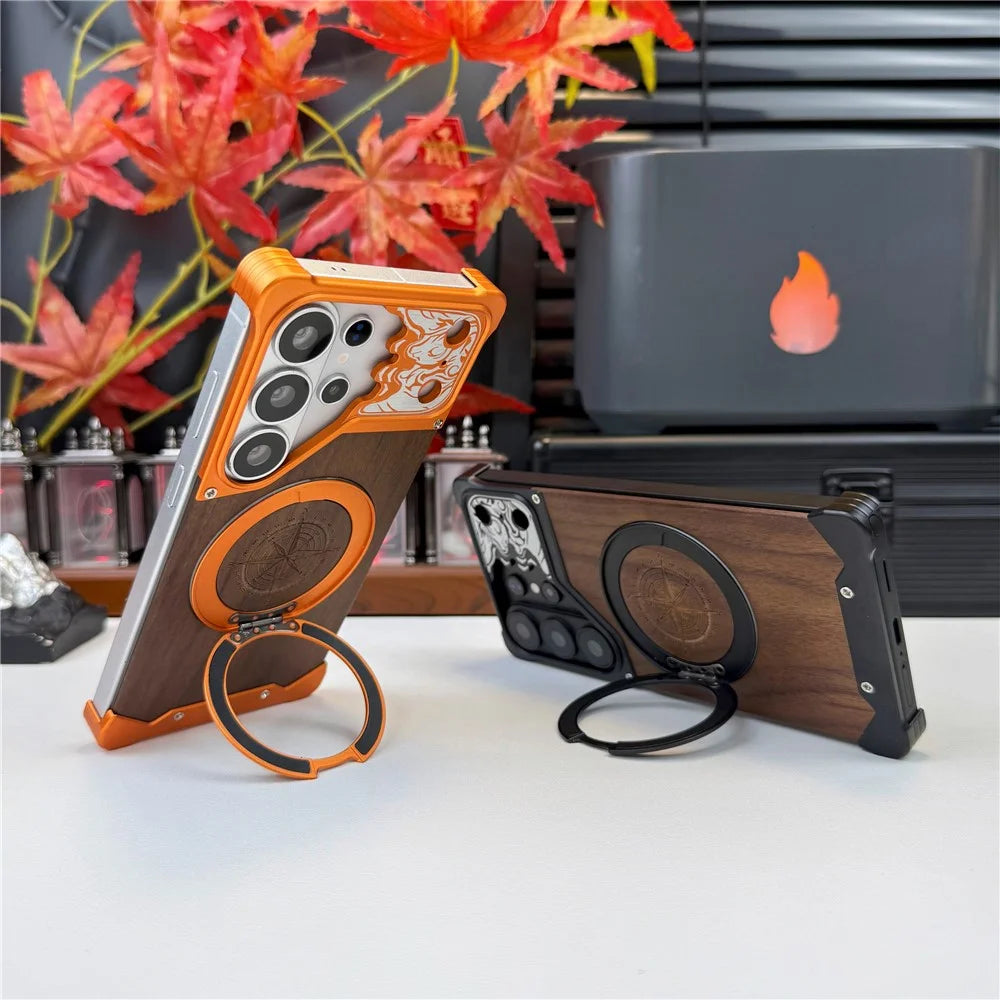 For Samsung Galaxy S25 Ultra Frameless Case Magnetic Kickstand Horse Pattern Walnut Wood Shockproof Phone Cover - Black - 2