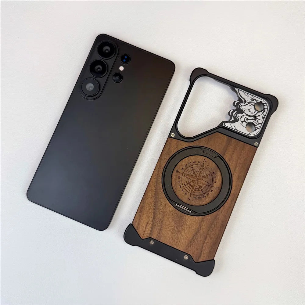 For Samsung Galaxy S25 Ultra Frameless Case Magnetic Kickstand Horse Pattern Walnut Wood Shockproof Phone Cover - Black - 3