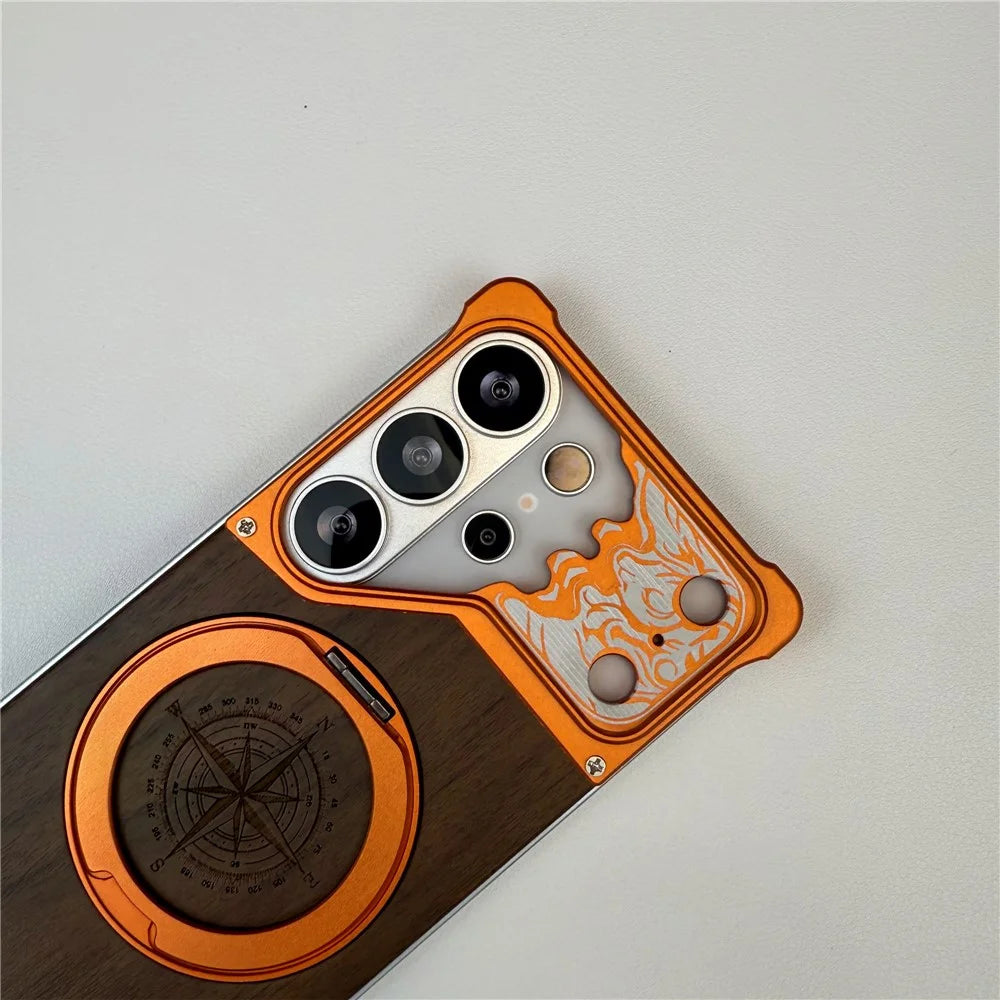 For Samsung Galaxy S25 Ultra Frameless Case Magnetic Kickstand Horse Pattern Walnut Wood Shockproof Phone Cover - Black - 4