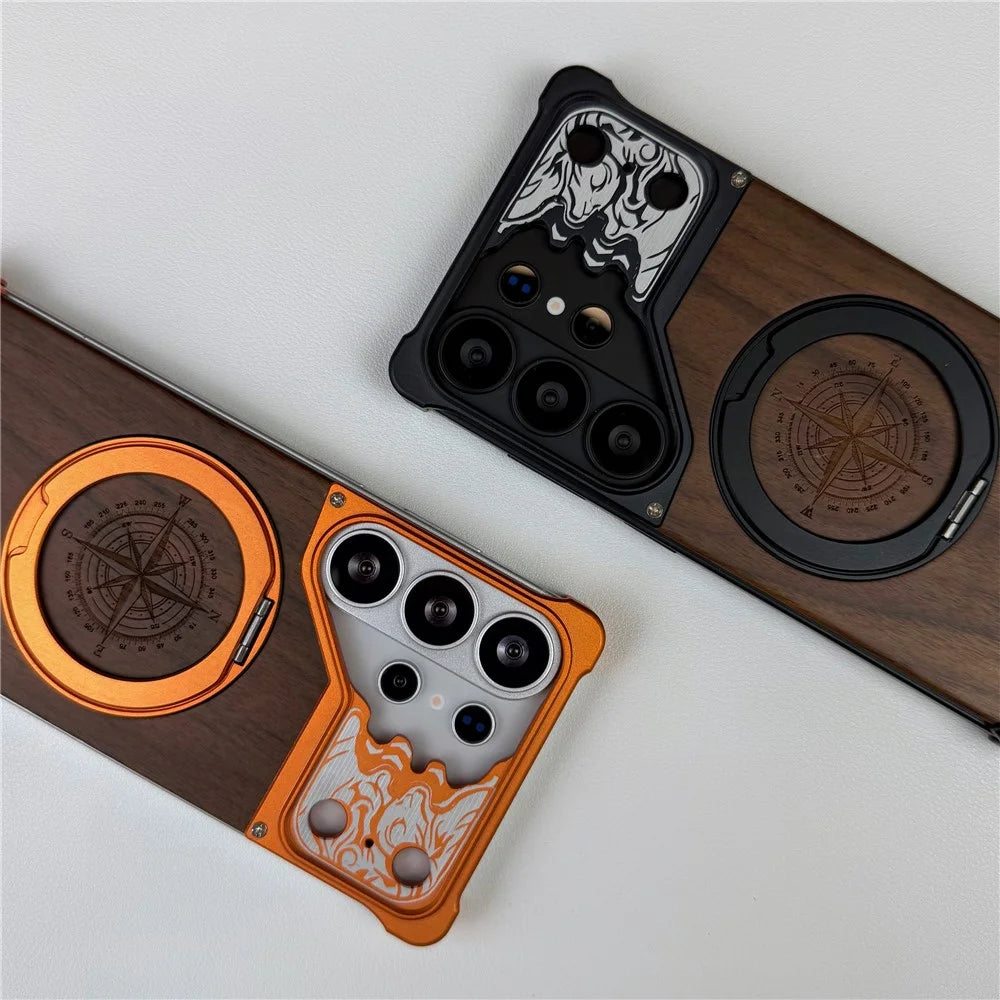 For Samsung Galaxy S25 Ultra Frameless Case Magnetic Kickstand Horse Pattern Walnut Wood Shockproof Phone Cover - Black - 5