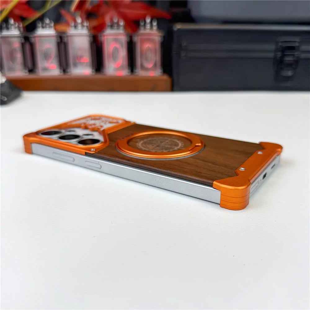 For Samsung Galaxy S25 Ultra Frameless Case Magnetic Kickstand Horse Pattern Walnut Wood Shockproof Phone Cover - Black - 6