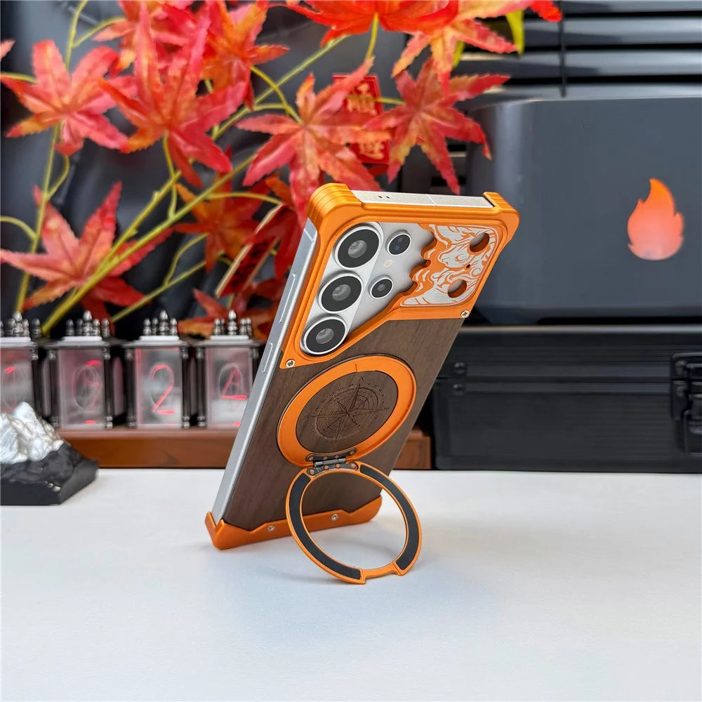 For Samsung Galaxy S25 Ultra Frameless Case Magnetic Kickstand Horse Pattern Walnut Wood Shockproof Phone Cover - Black - 7