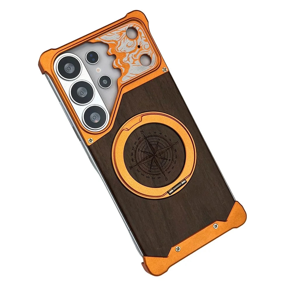 For Samsung Galaxy S26 Ultra Frameless Case Magnetic Kickstand Horse Pattern Walnut Wood Shockproof Phone Cover - Orange - 1