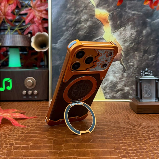 For iPhone 17 Pro Frameless Case Magnetic Kickstand Horse Pattern Walnut Wood Shockproof Phone Cover - Orange - 2