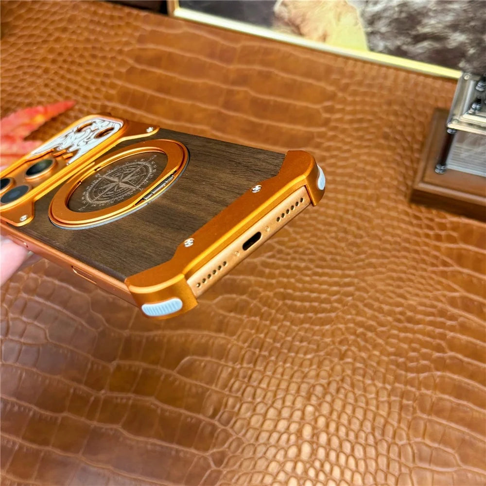 For iPhone 17 Pro Frameless Case Magnetic Kickstand Horse Pattern Walnut Wood Shockproof Phone Cover - Orange - 5