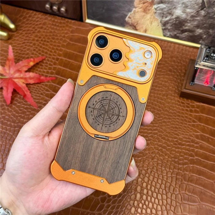 For iPhone 17 Pro Max Frameless Case Magnetic Kickstand Horse Pattern Walnut Wood Shockproof Phone Cover - Orange - 1