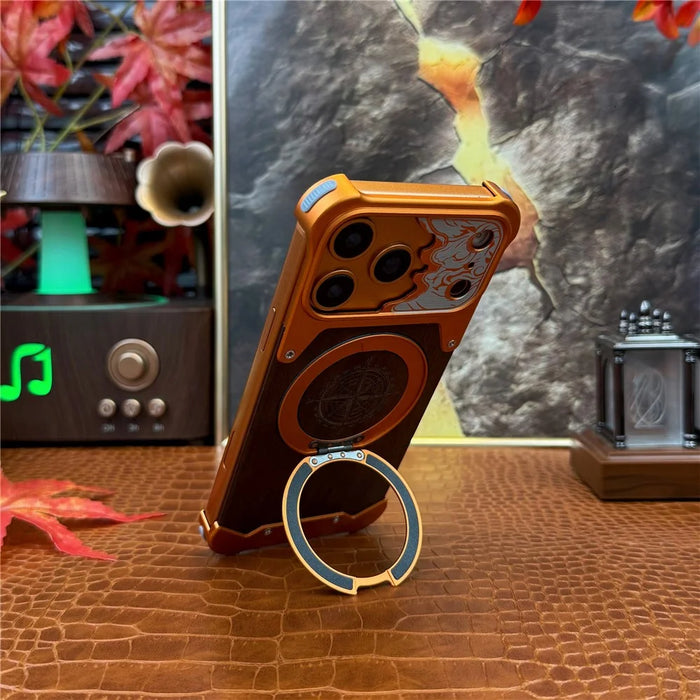 For iPhone 17 Pro Max Frameless Case Magnetic Kickstand Horse Pattern Walnut Wood Shockproof Phone Cover - Orange - 2
