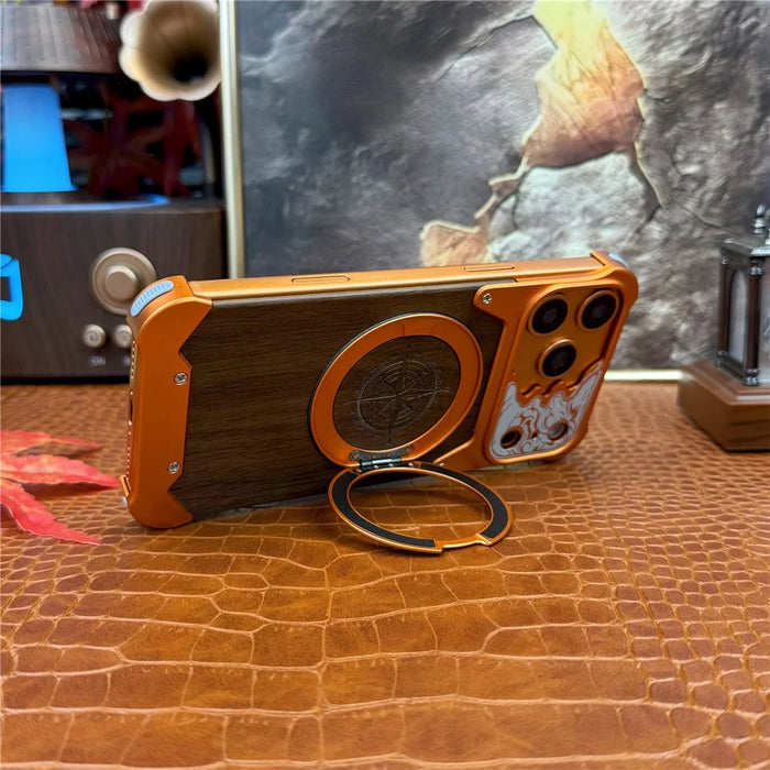 For iPhone 17 Pro Max Frameless Case Magnetic Kickstand Horse Pattern Walnut Wood Shockproof Phone Cover - Orange - 3