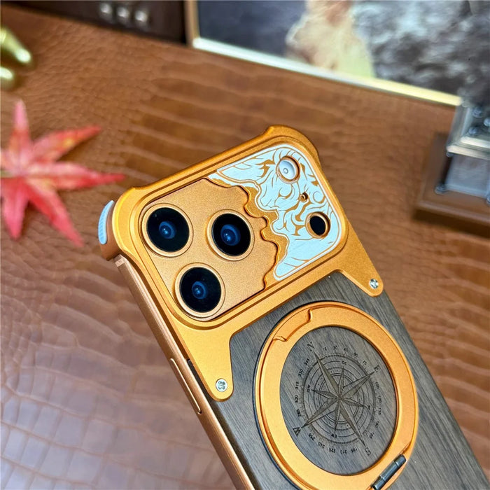For iPhone 17 Pro Max Frameless Case Magnetic Kickstand Horse Pattern Walnut Wood Shockproof Phone Cover - Orange - 4