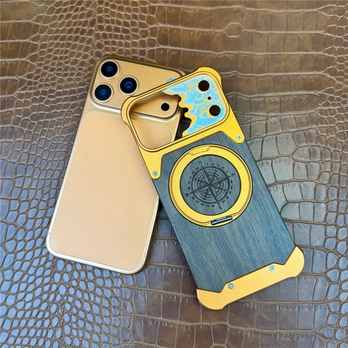 For iPhone 17 Pro Max Frameless Case Magnetic Kickstand Horse Pattern Walnut Wood Shockproof Phone Cover - Orange - 6