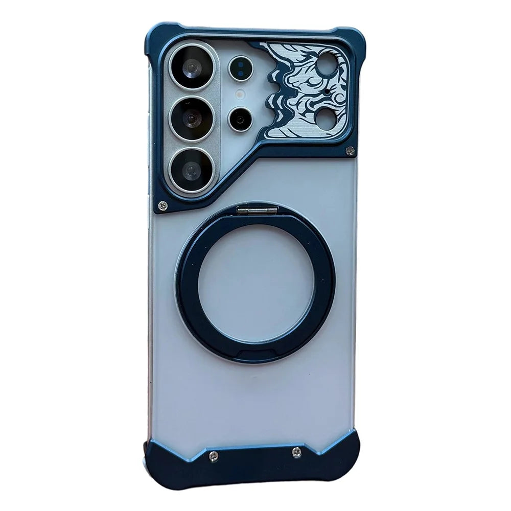 For Samsung Galaxy S26 Ultra Frameless Case Magnetic Kickstand Horse Pattern Translucent Matte PC Phone Cover - Titanium Blue - 1