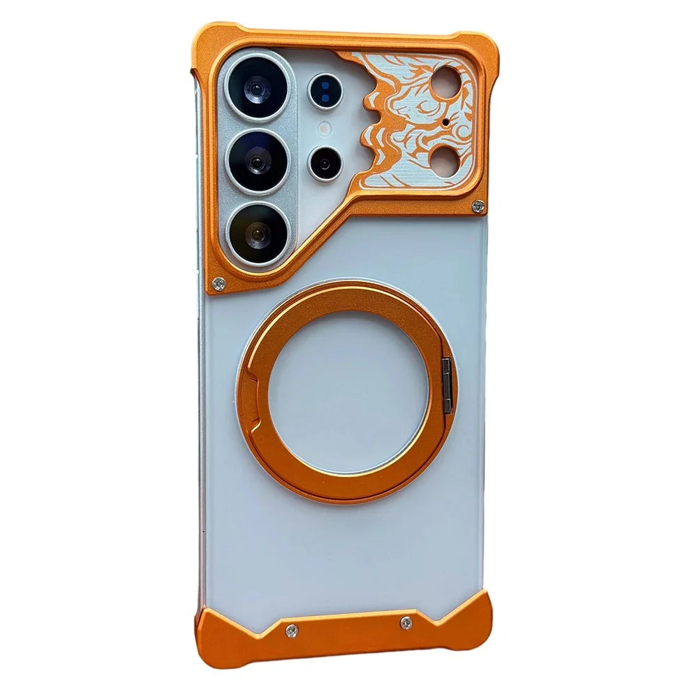 For Samsung Galaxy S25 Ultra Frameless Case Magnetic Kickstand Horse Pattern Translucent Matte PC Phone Cover - Orange - 1