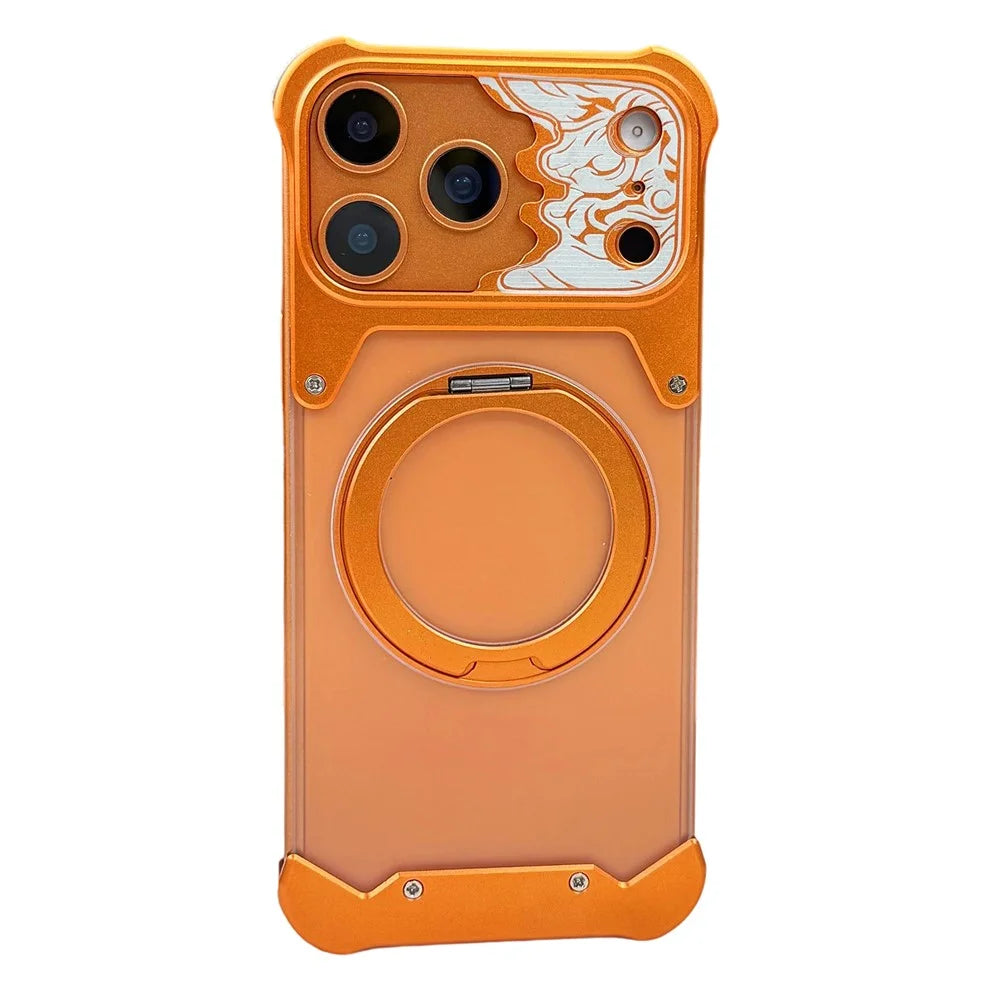 For iPhone 17 Pro Max Frameless Case Magnetic Kickstand Horse Pattern Translucent Matte PC Phone Cover - Orange - 1
