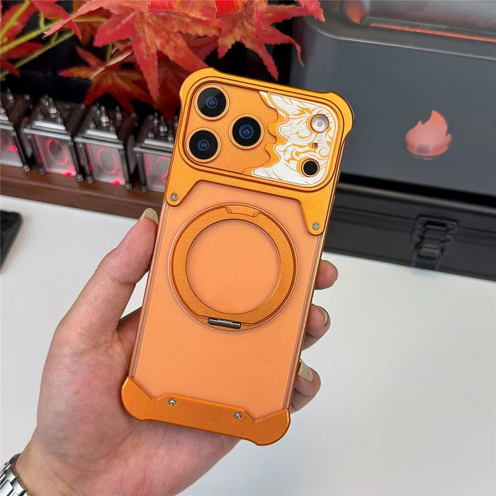For iPhone 17 Pro Max Frameless Case Magnetic Kickstand Horse Pattern Translucent Matte PC Phone Cover - Orange - 6