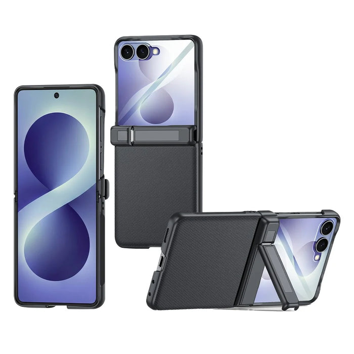 For Samsung Galaxy Z Flip8 5G Case Hinge Kickstand Leather PC Phone Cover with HD Clear Screen Protector - Black - 1