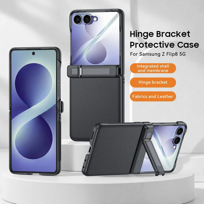 For Samsung Galaxy Z Flip8 5G Case Hinge Kickstand Leather PC Phone Cover with HD Clear Screen Protector - Black - 3