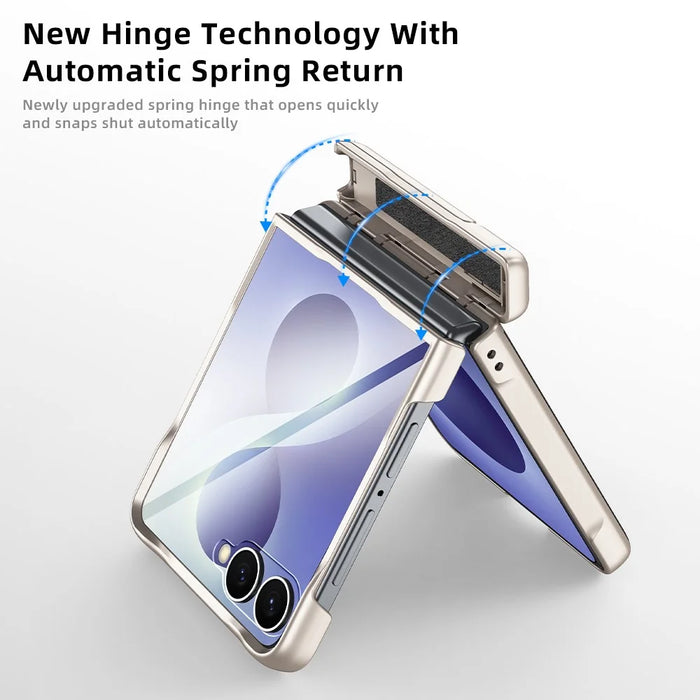 For Samsung Galaxy Z Flip8 5G Case Hinge Kickstand Leather PC Phone Cover with HD Clear Screen Protector - Black - 6