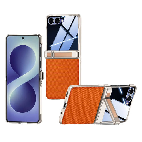 For Samsung Galaxy Z Flip8 5G Case Hinge Kickstand Leather PC Phone Cover with Privacy Screen Protector - Orange - 1